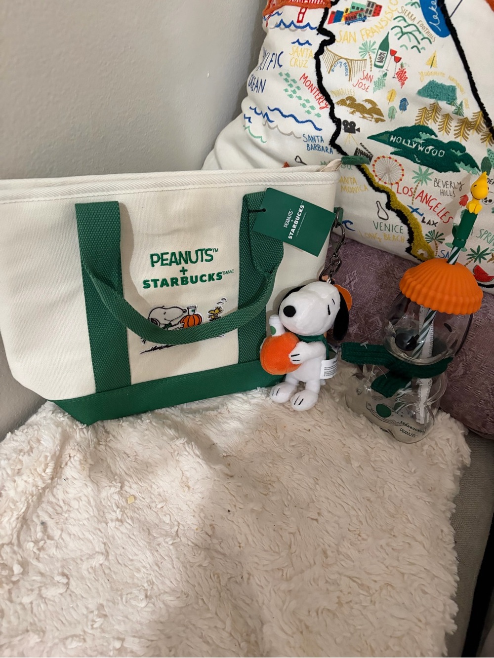 Peanuts x Starbucks Green & Cream Pet Tote Bag with Snoopy Plush